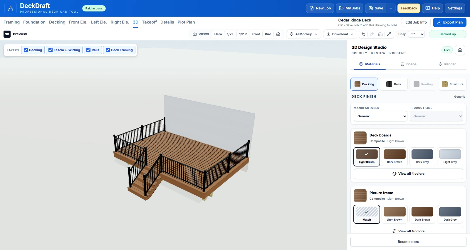 DeckDraftCAD interactive 3D deck view with railing, stairs, and material controls.