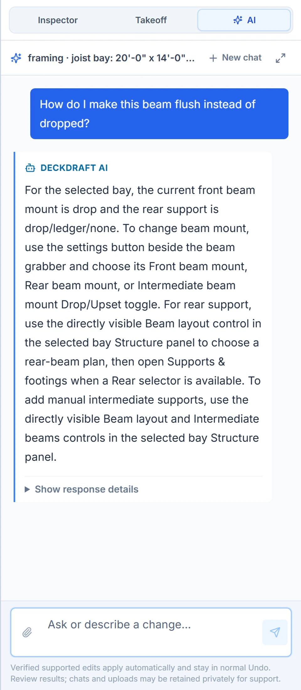 Actual AI Help chat: how to make a dropped beam flush, with the selected bay’s beam settings and control locations.