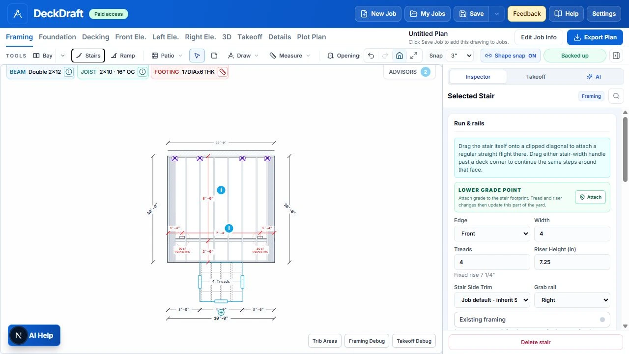 The same sample deck after adding a four-foot-wide stair flight, with automatically generated stair framing and dimensions.