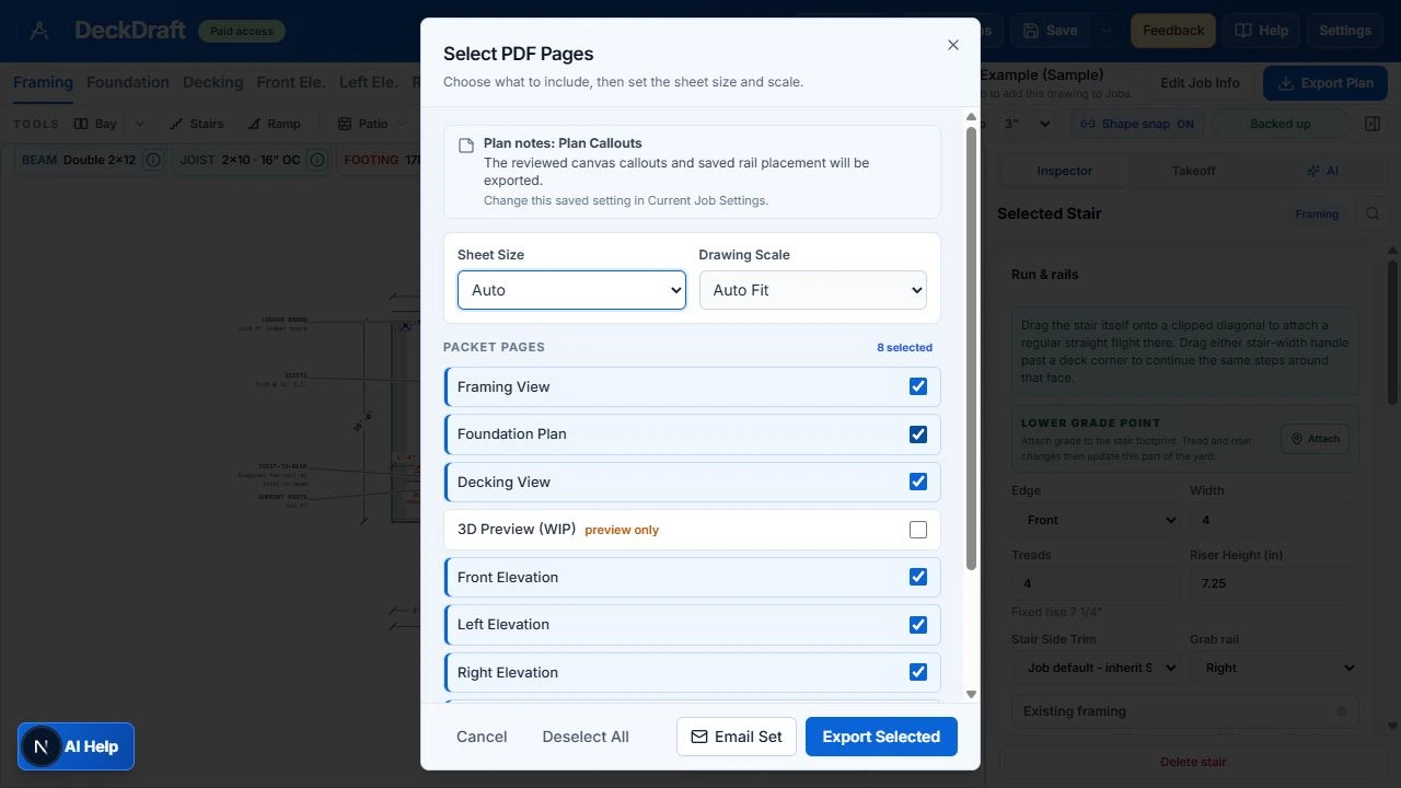 DeckDraft export dialog for the same sample bay and stairs, with plan sheets and PDF output options.