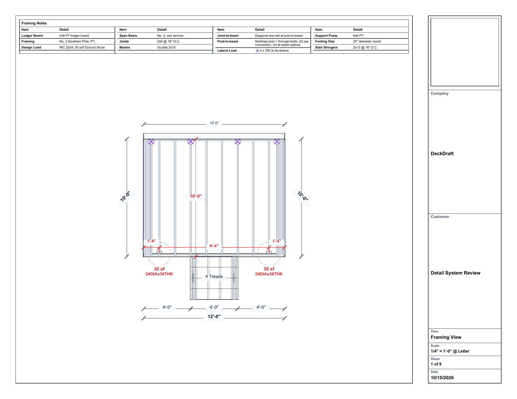 Dimensioned framing with member sizes, supports, connections, stairs where present, and construction callouts.