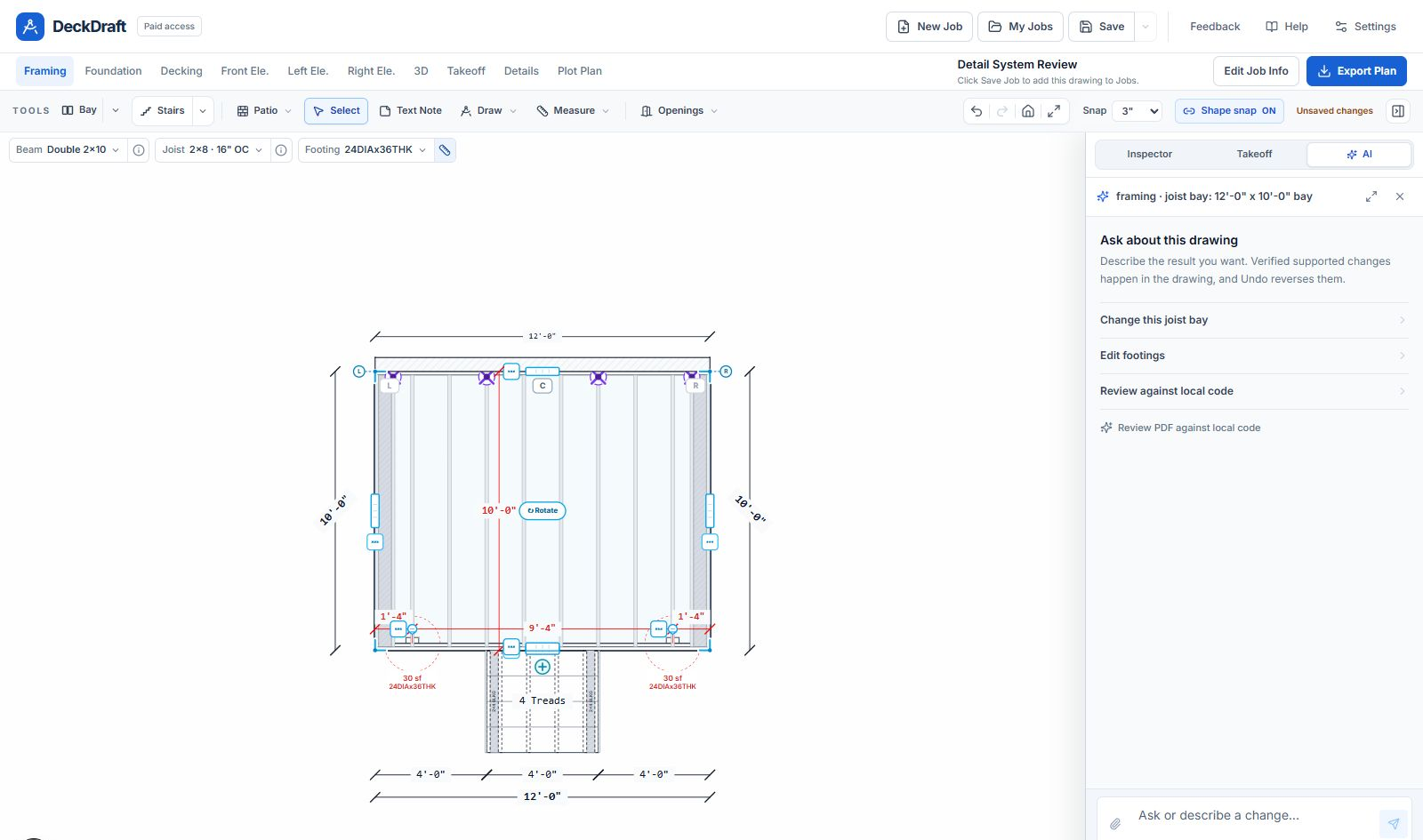 DeckDraft AI Help panel with the selected 12 by 10 foot bay context and prompts for joist, footing, and code-review questions.
