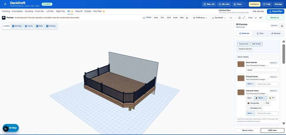 Current DeckDraft 3D review showing a deck with stairs, clipped corners, railing, house context, and material controls.