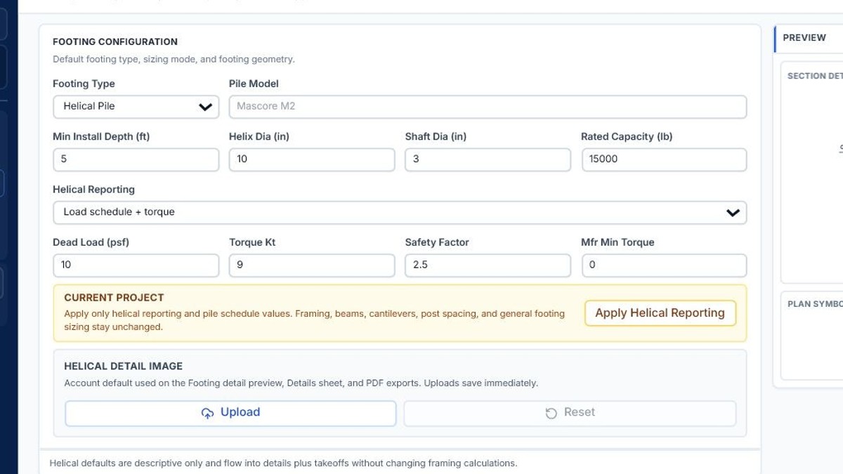 Current DeckDraft footing settings showing a helical pile model, installation depth, pile dimensions, rated capacity, torque Kt, and safety-factor inputs.