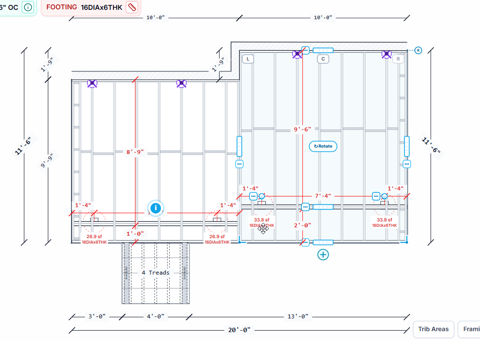 An L-shaped DeckDraft framing plan with two sections and stairs.