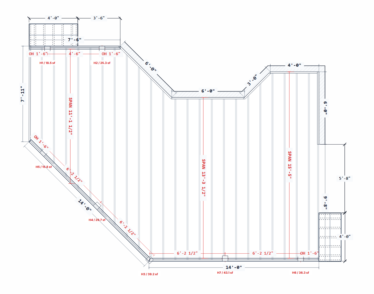 Anonymized client Polygon Deck plan with an angled perimeter, a recessed house wall, and manually placed beams following the deck edges