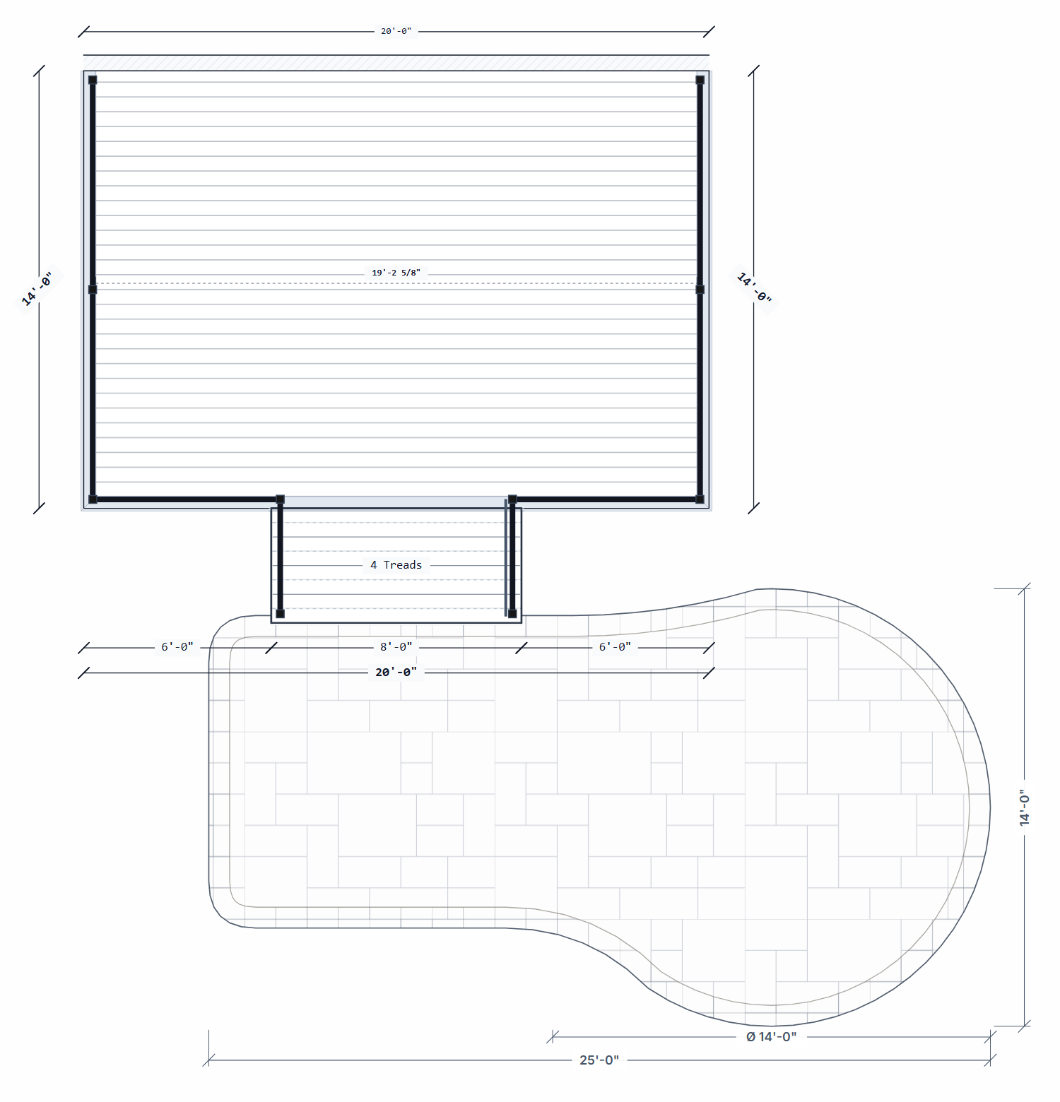 Decking plan with an eight-foot-wide stair opening leading from a 20 by 14 foot deck onto a paver patio with a circular end, curved transitions, and a continuous border