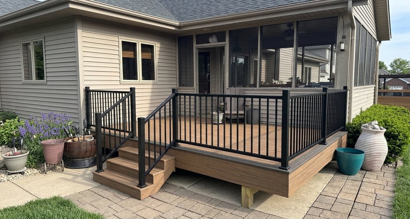 Customer-generated DeckDraft AI house-photo mockup of a deck with black railing and steps leading from a screened porch onto a paved area