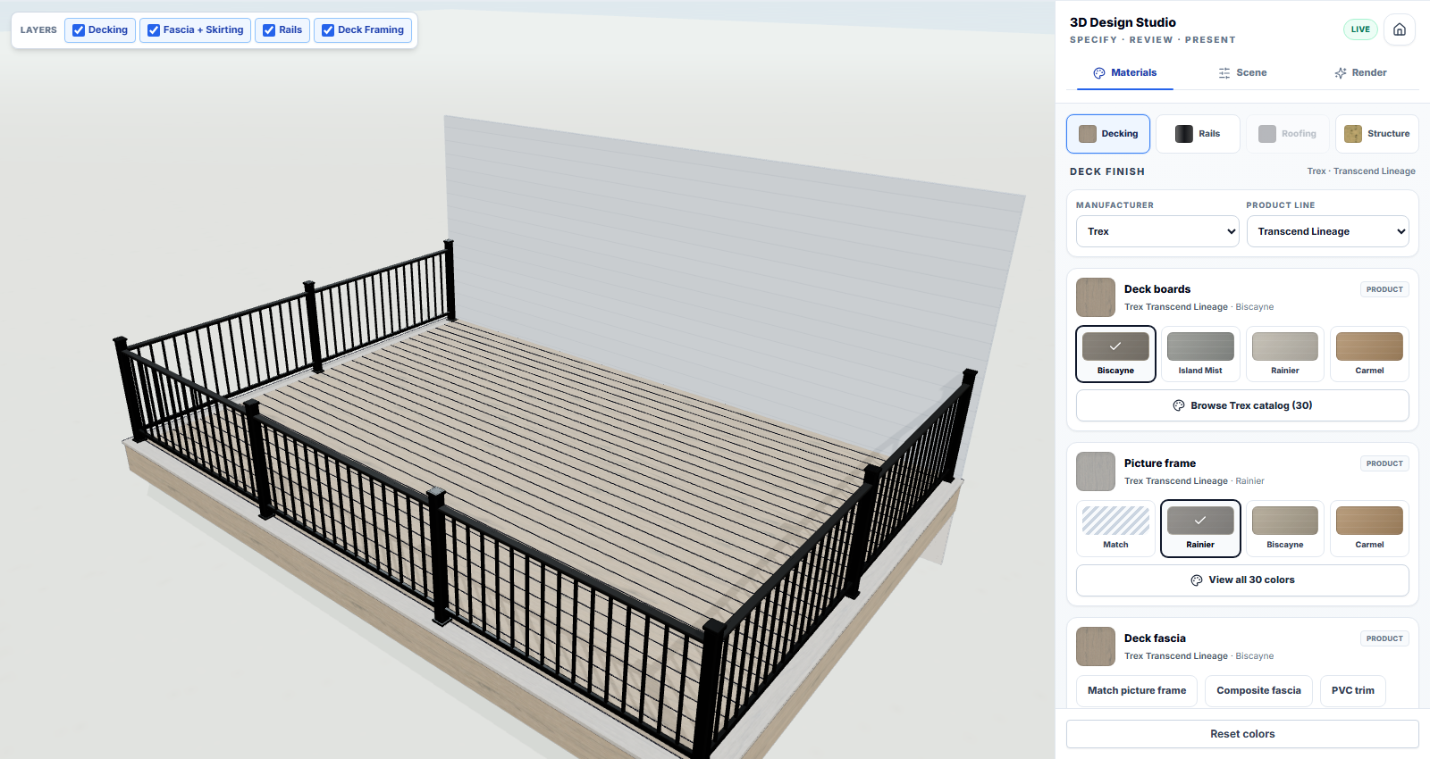 3D Design Studio with Trex Transcend Lineage selected and separate material controls for deck boards, picture frames, and fascia beside the deck model