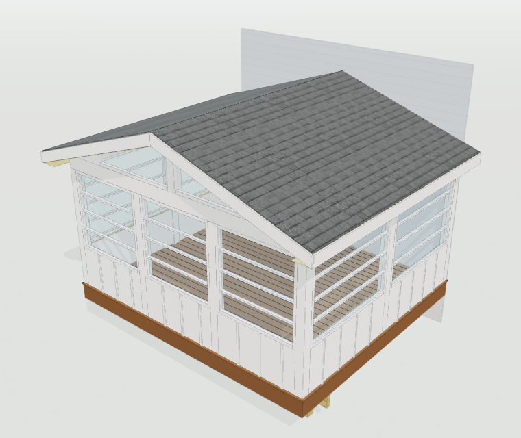 Three-season sunroom in 3D with white window frames, board-and-batten knee walls, glazed gable infill, and a shingle roof
