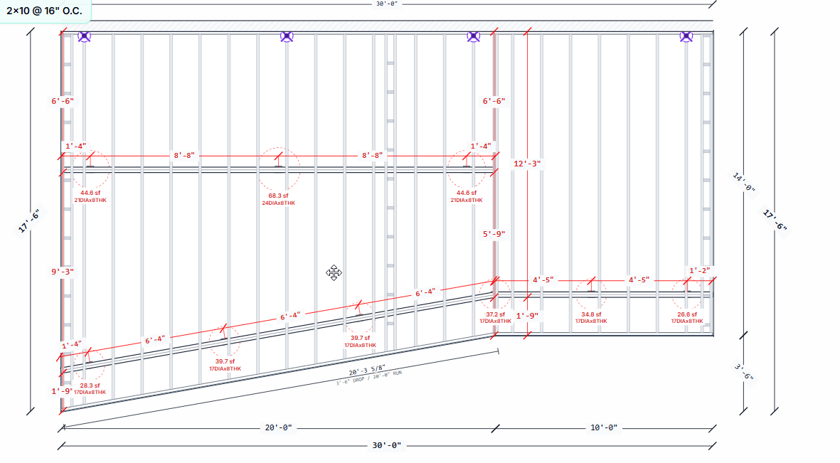 Angled DeckDraft framing plan with tapered bays, beams, posts, footing checks, joists, and dimensions