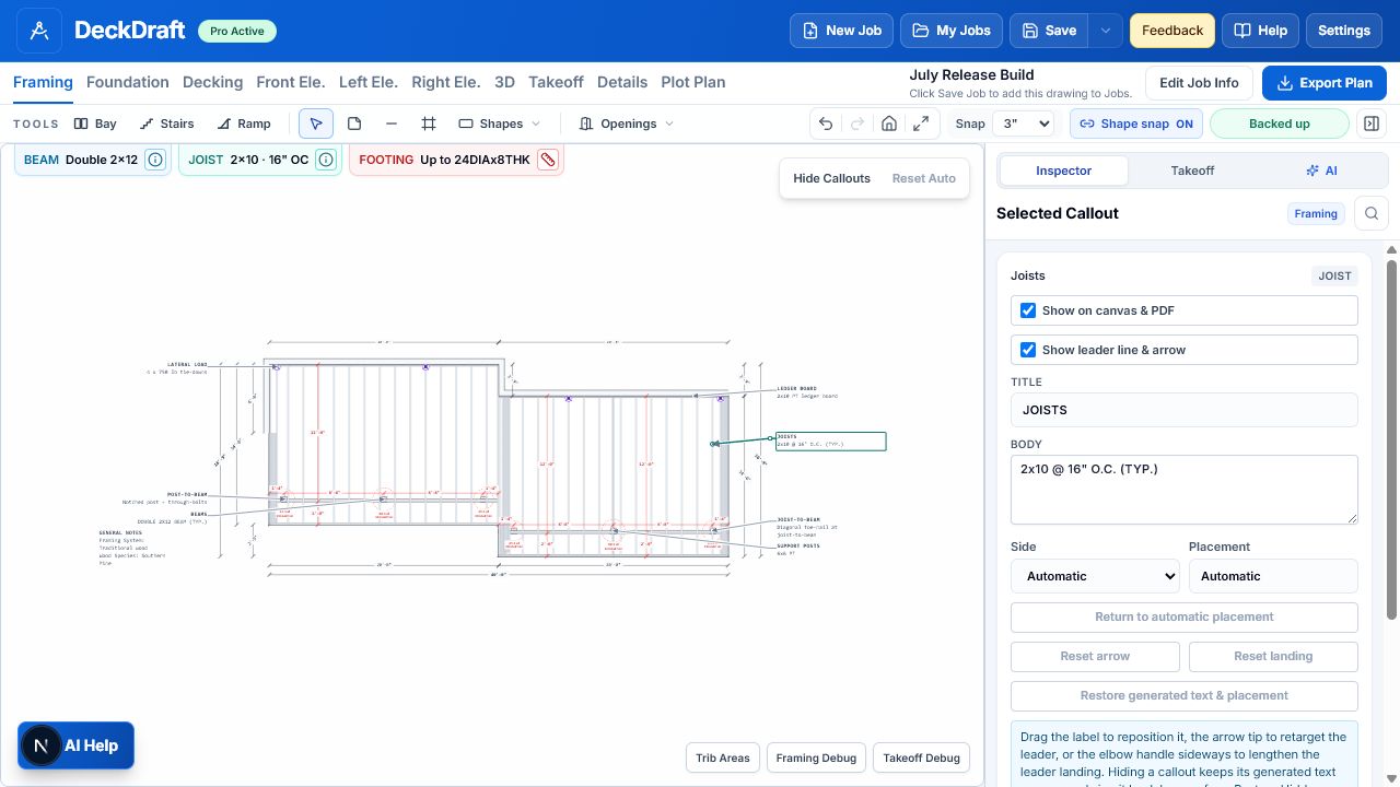 DeckDraft Callout Mode with a joist callout selected and its title, body, visibility, leader, side, and placement controls visible