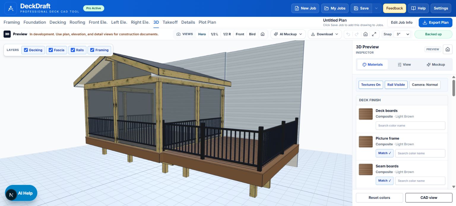 DeckDraft 3D material review with separate decking, feature-board, fascia, stair, and railing finishes