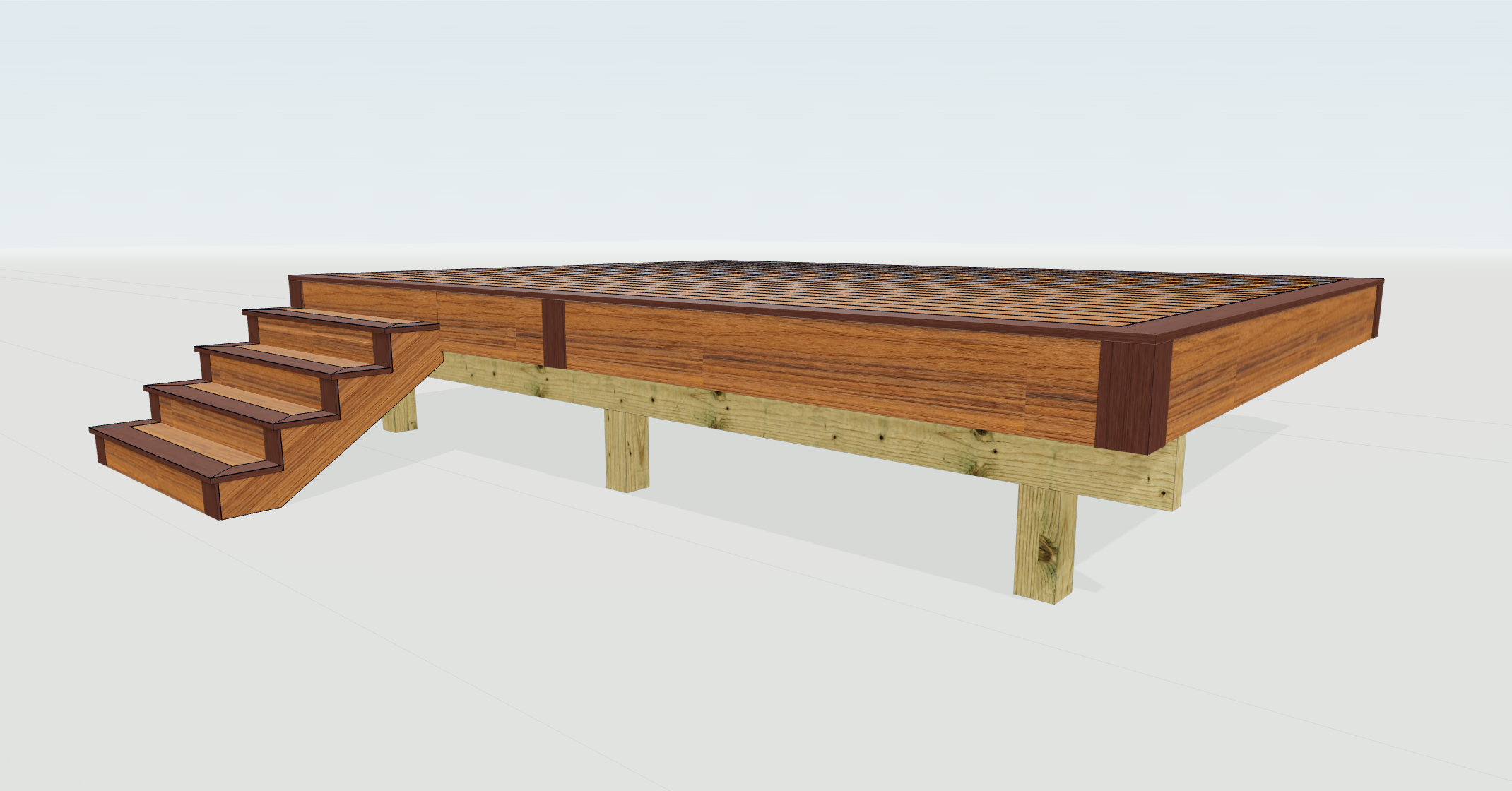 Native deck model with stairs at the left edge, picture-framed treads, sawtooth stair-side fascia and contrasting soldier boards