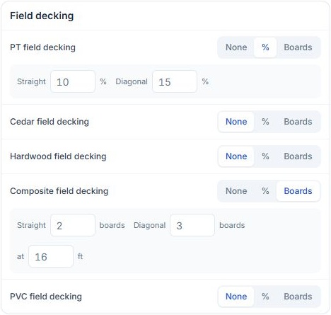 DeckDraft order allowance settings showing 10 percent straight and 15 percent diagonal waste for PT decking, and two or three extra 16 foot boards for composite decking