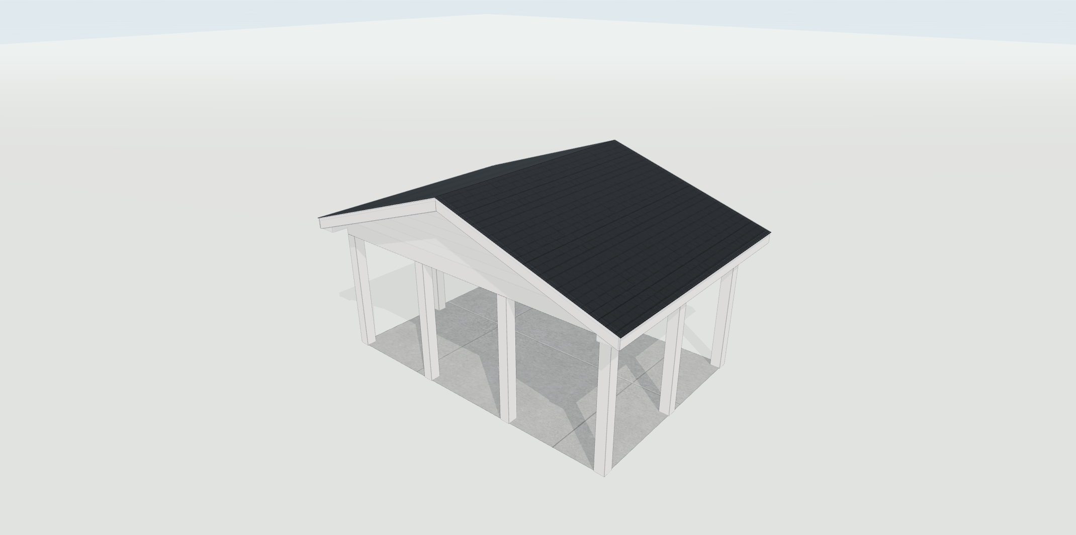 Native gable-roof model showing white fascia, soffit returns and wrapped beams and posts beneath a shingle roof